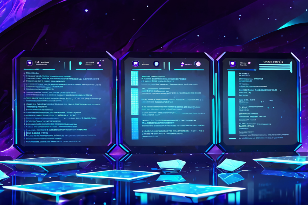 Three monitors with nondescript text in a sci-fi theme environment. Made with AI.
