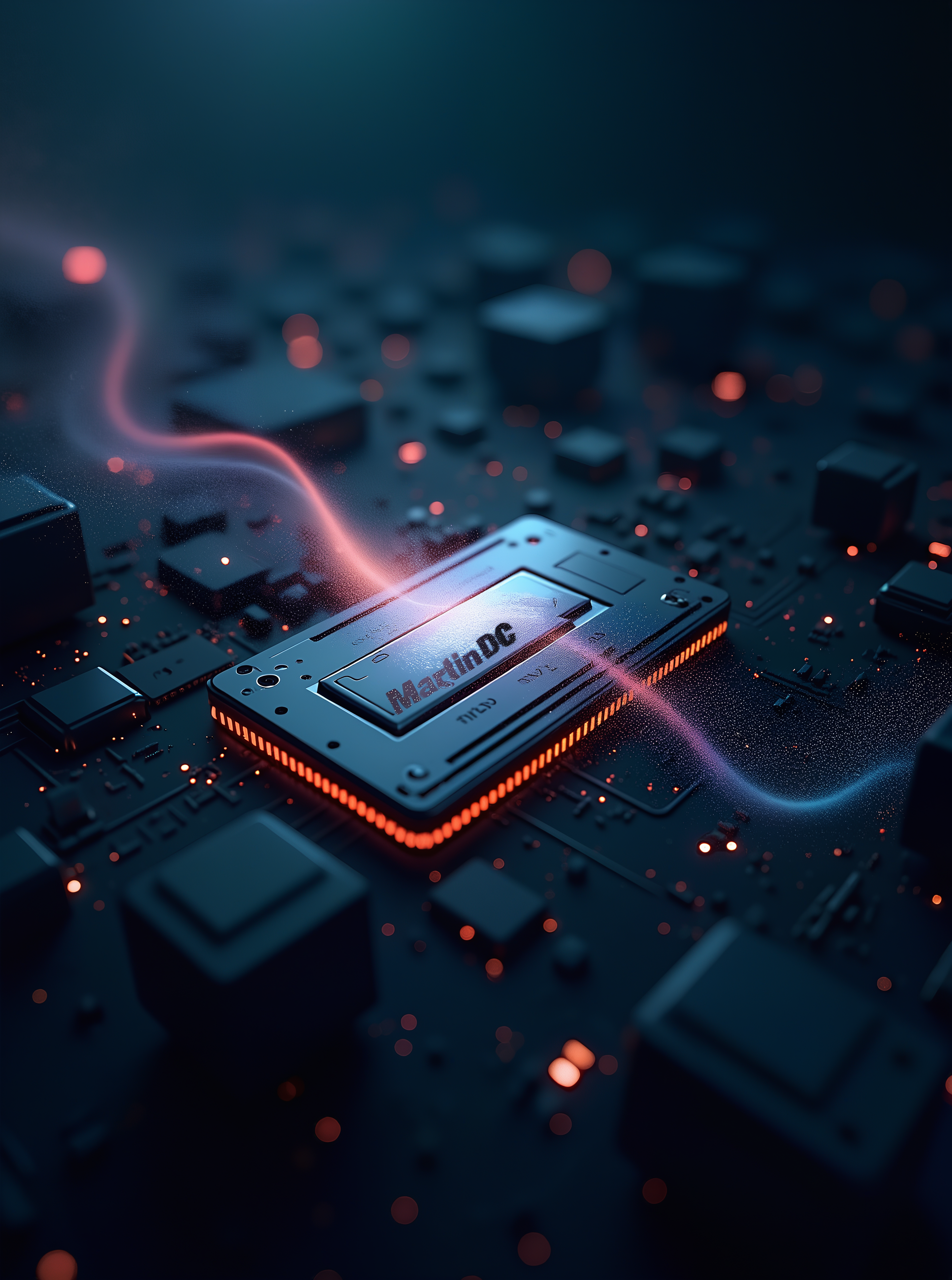 A computer hardware component sits in the middle of a chip with glowing lights floating across. Inscribed on it is MartinDC. Made with AI.