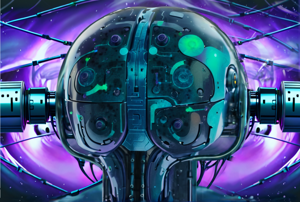 Robot head with machines at each side pulling it apart. Made with AI.