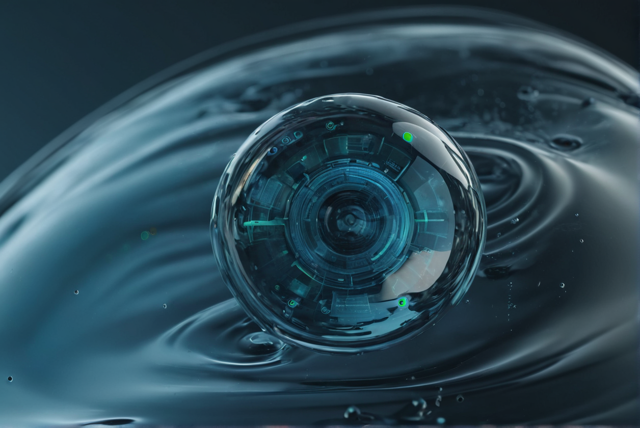 Abstract droplet with camera inside floating in a larger fluid. Made with AI.